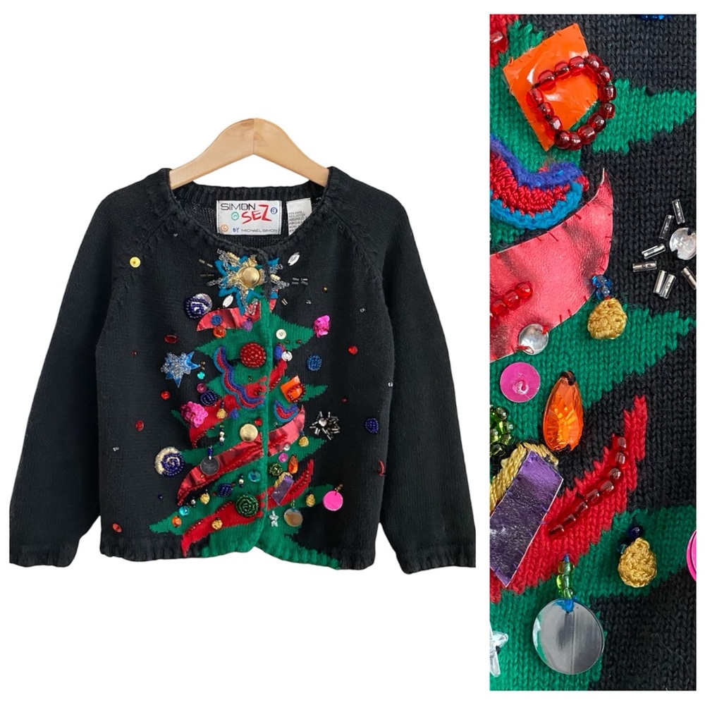 Vintage Michael Simon Colorful Bejeweled Christmas Tree Cardigan Sweater 4t